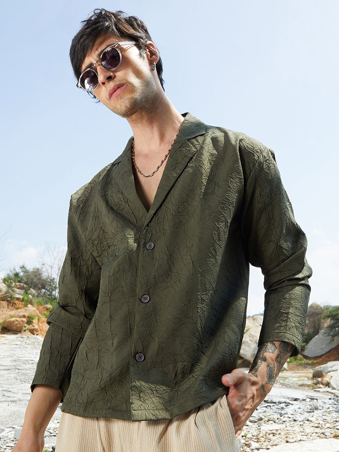 Green Textured Regular Fit Casual Shirt