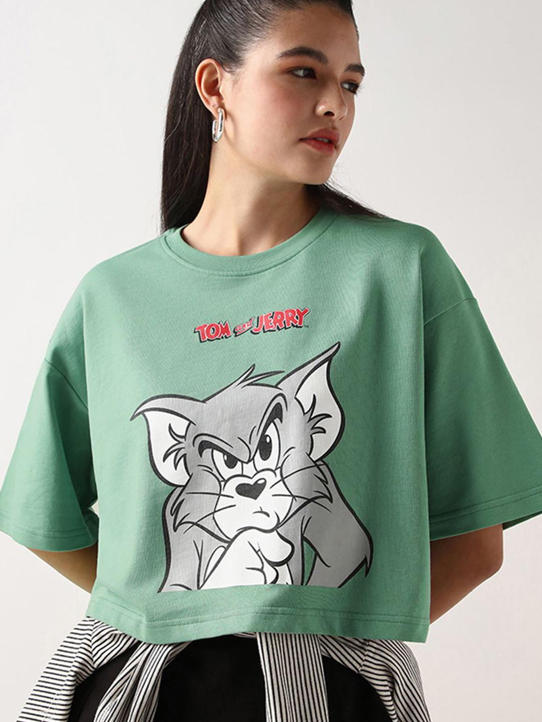 Bewakoof Heavy Duty Women Tom & Jerry Printed Cotton Round Neck Short Sleeves Top