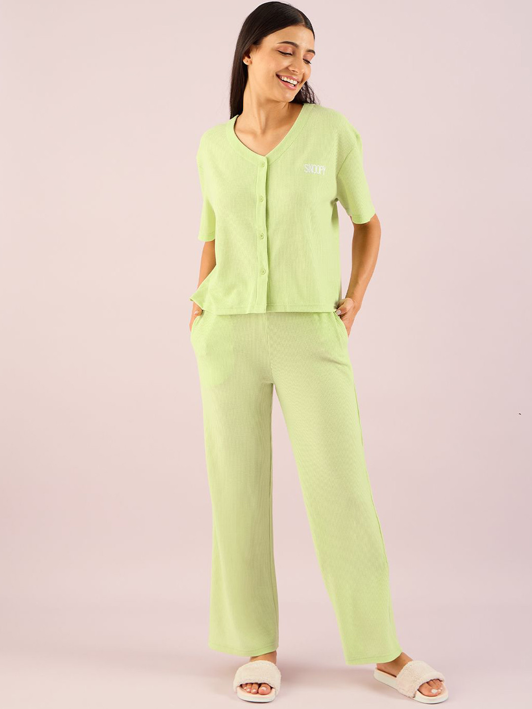 Sweet Dreams Women Snoopy Characters Front Open Pyjama Set