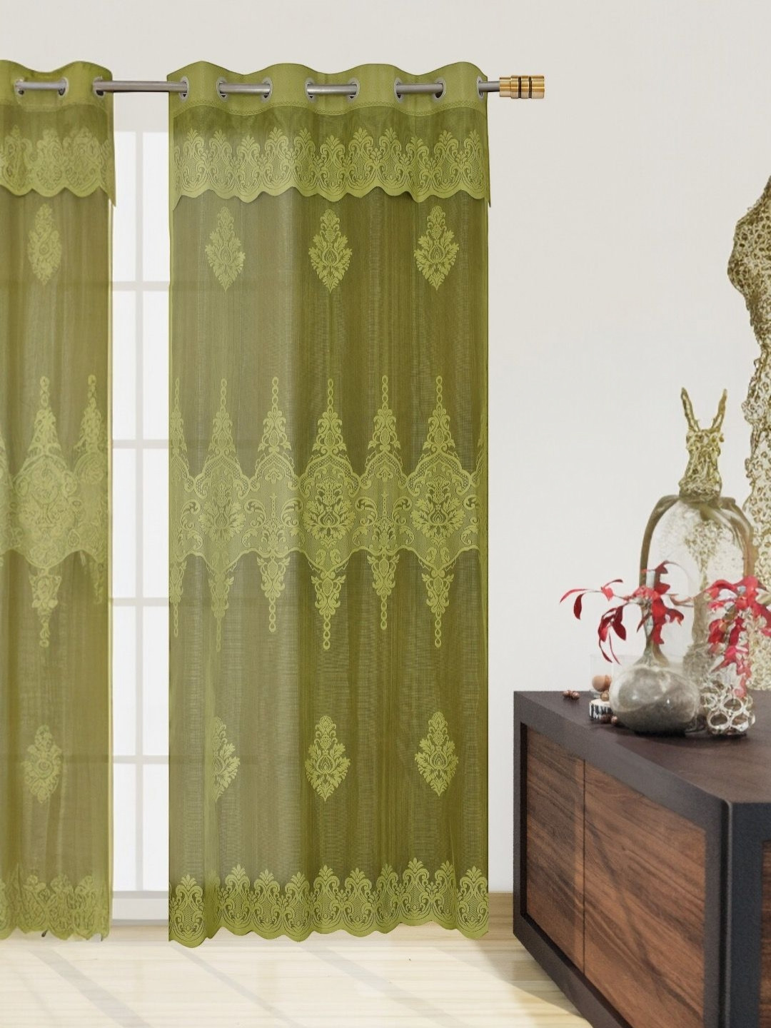BIGGER FISH Green Floral Sheer Long Door Curtain