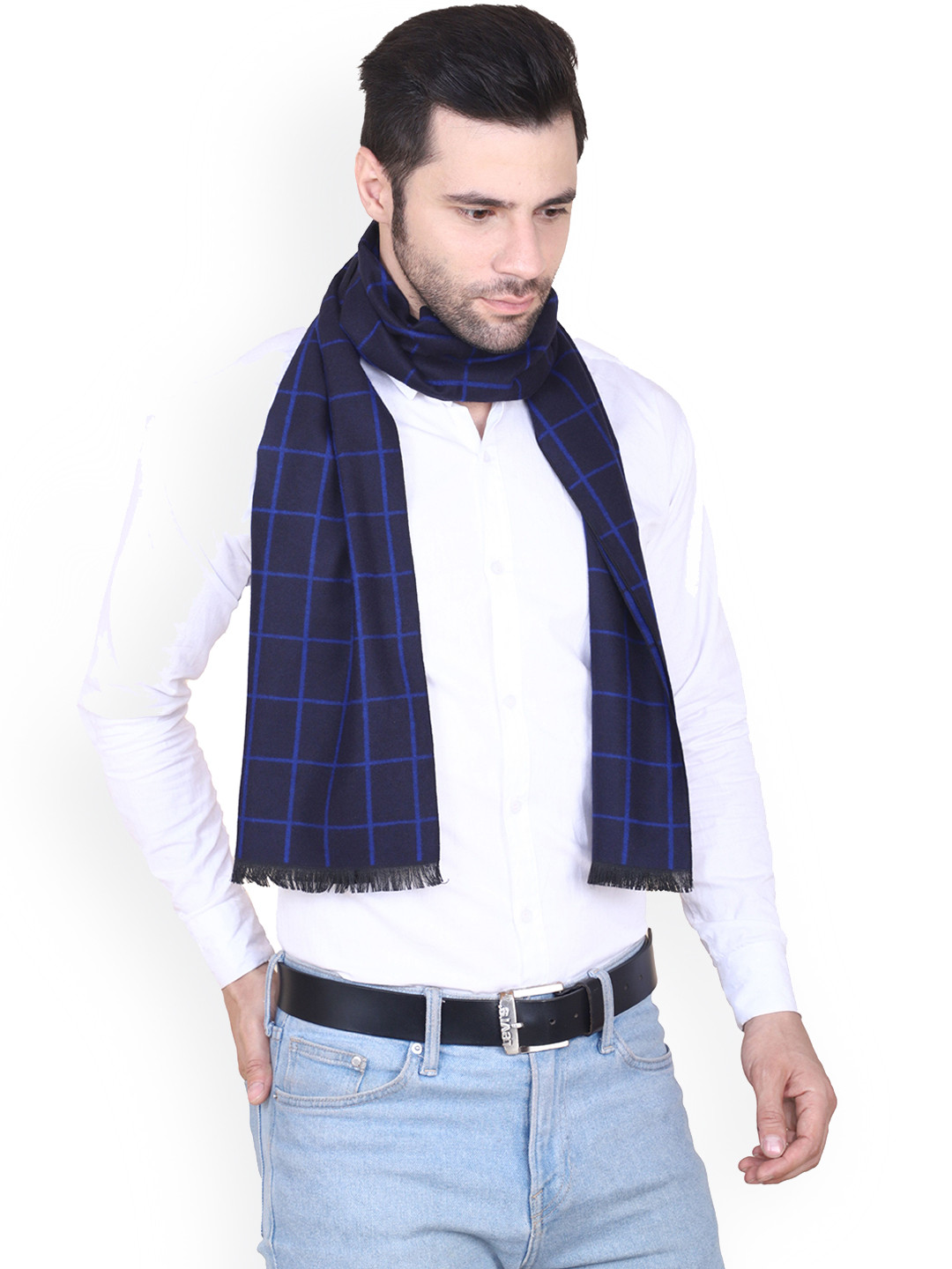 Cazzano Men Checked Merino Wool Mufflers with Fringed Detail