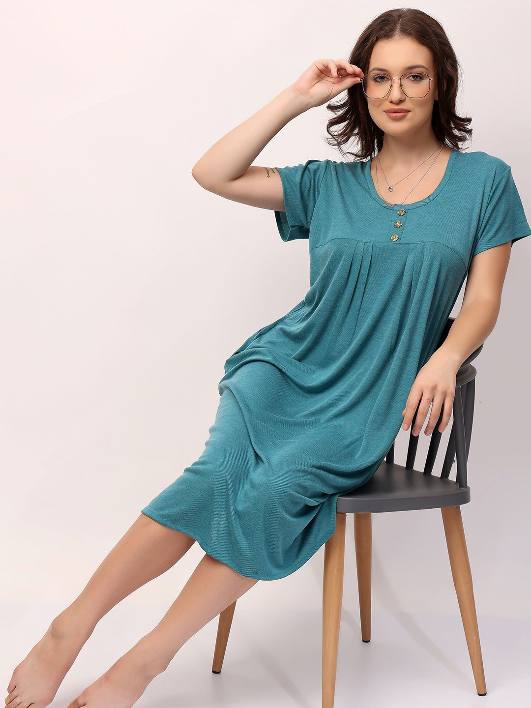 NIGHT KEYS Women Round Neck Midi Nightdress