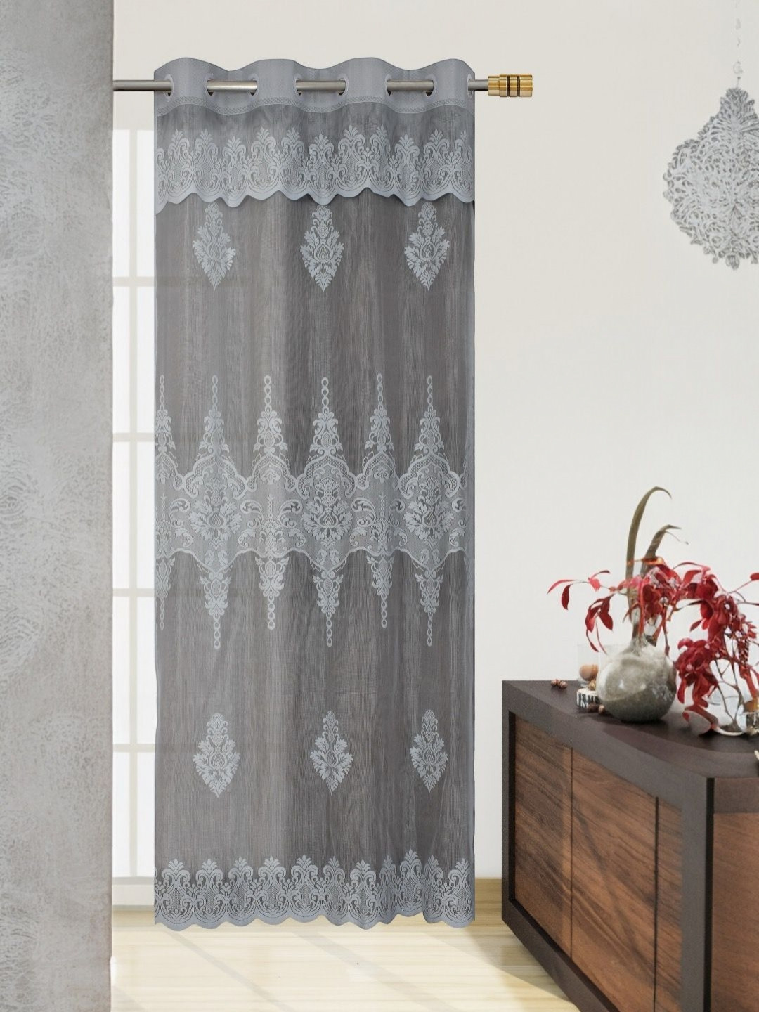 BIGGER FISH Grey & White Ethnic Motifs Sheer Long Door Curtain