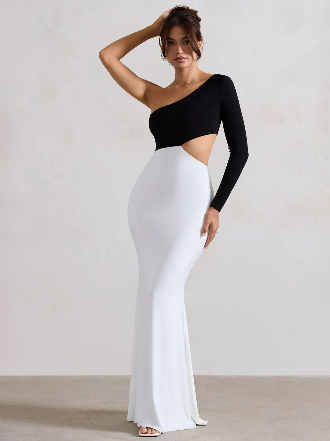 Genzy Women One Shoulder Cut-Outs Colourblocked Bodycon Maxi Dress