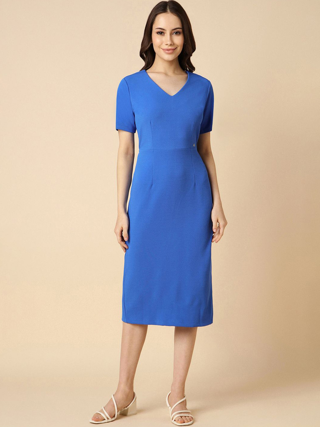 Allen Solly Woman V-Neck Short Sleeves Sheath Midi Dress