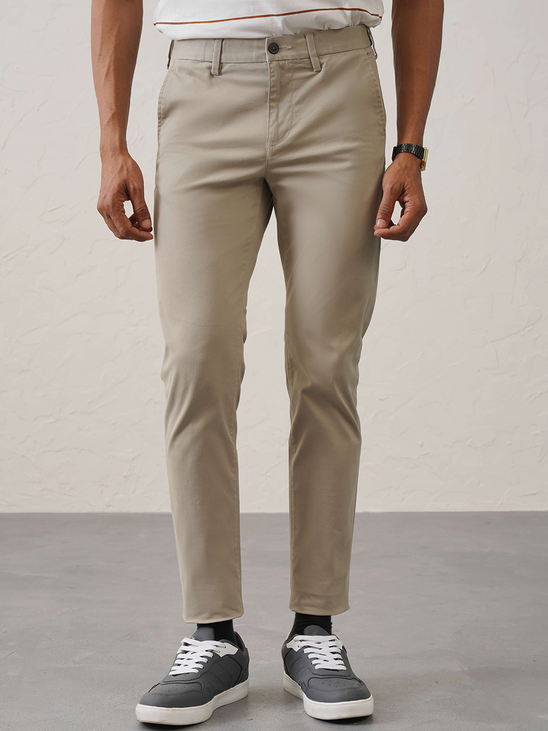 Minus One Men Cotton Chinos Regular Fit Casual Trousers