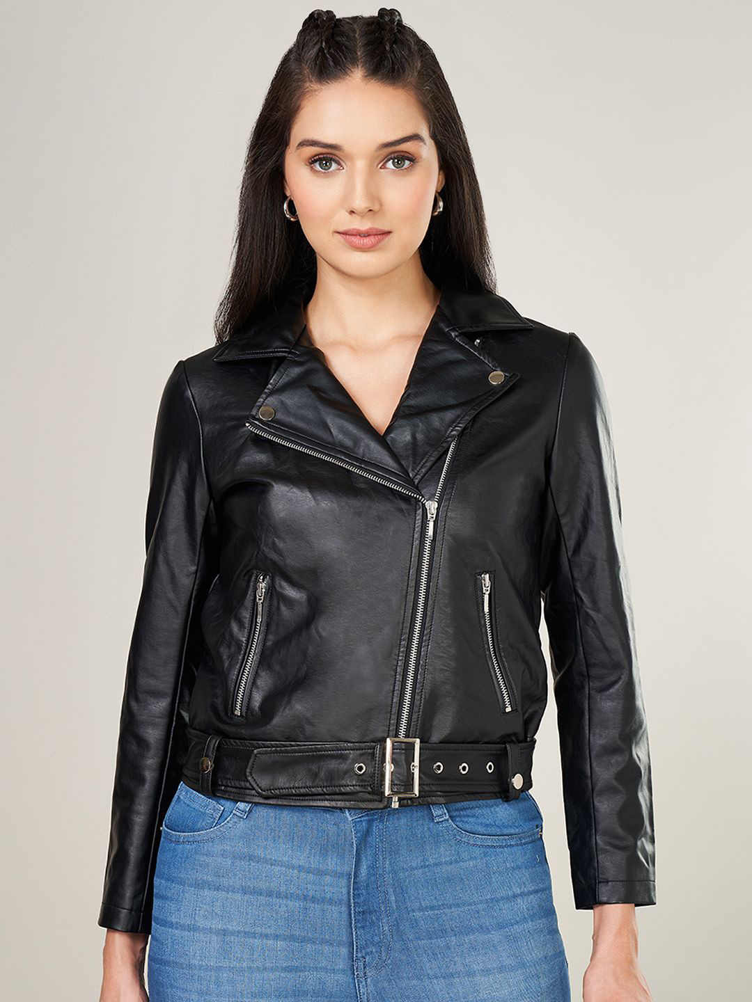 SF JEANS by Pantaloons Women Crop Biker Jacket with Patchwork