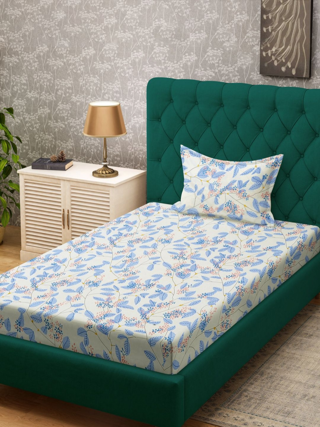 Aura White Floral Cotton 300 TC Fitted Single Fine Bedsheet with a Pillow Cover-231 x 254 cm