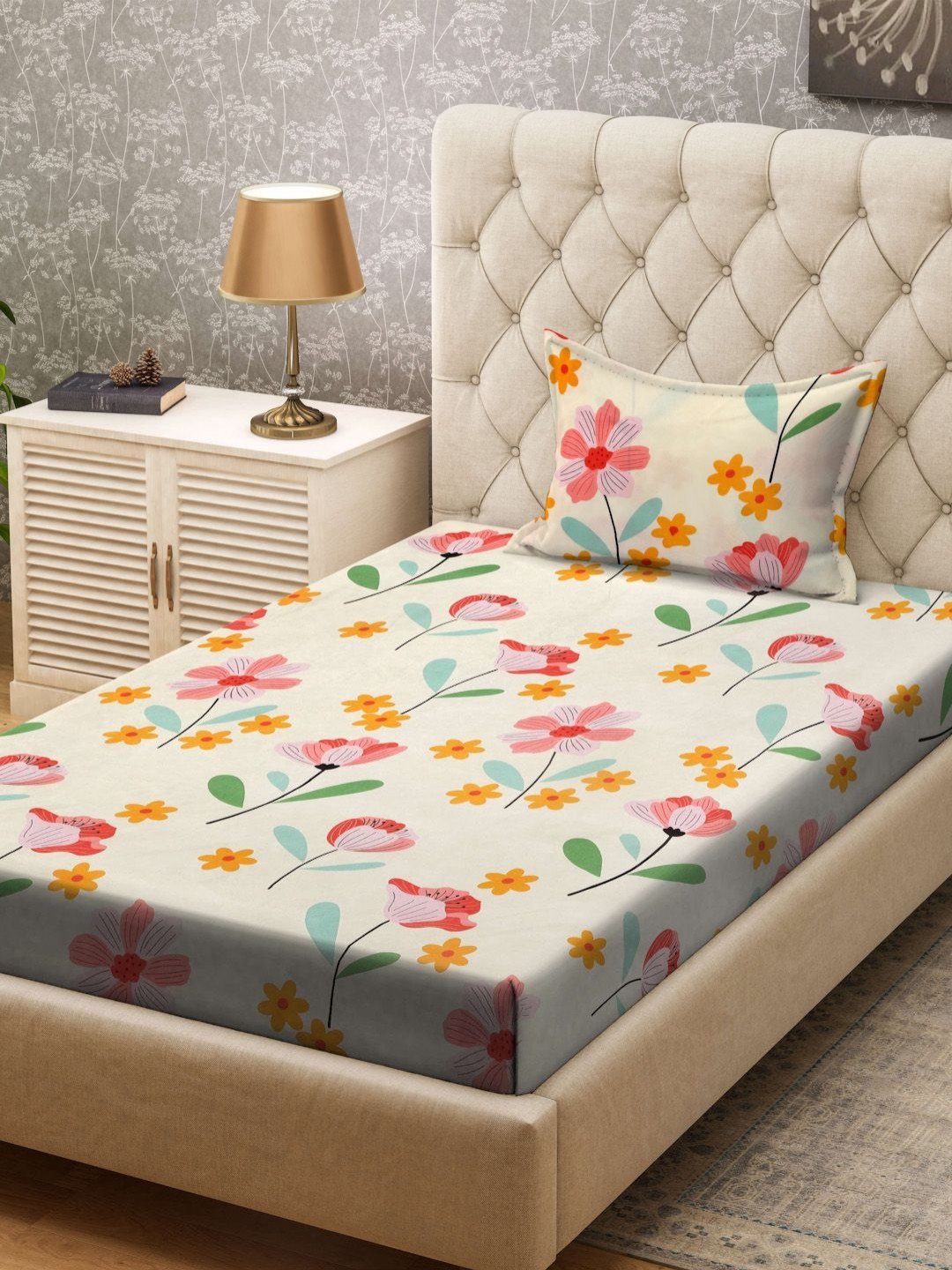 Aura Cream & Orange Coloured Floral Printed Flat 300TC Single Bedsheet With Pillow Cover