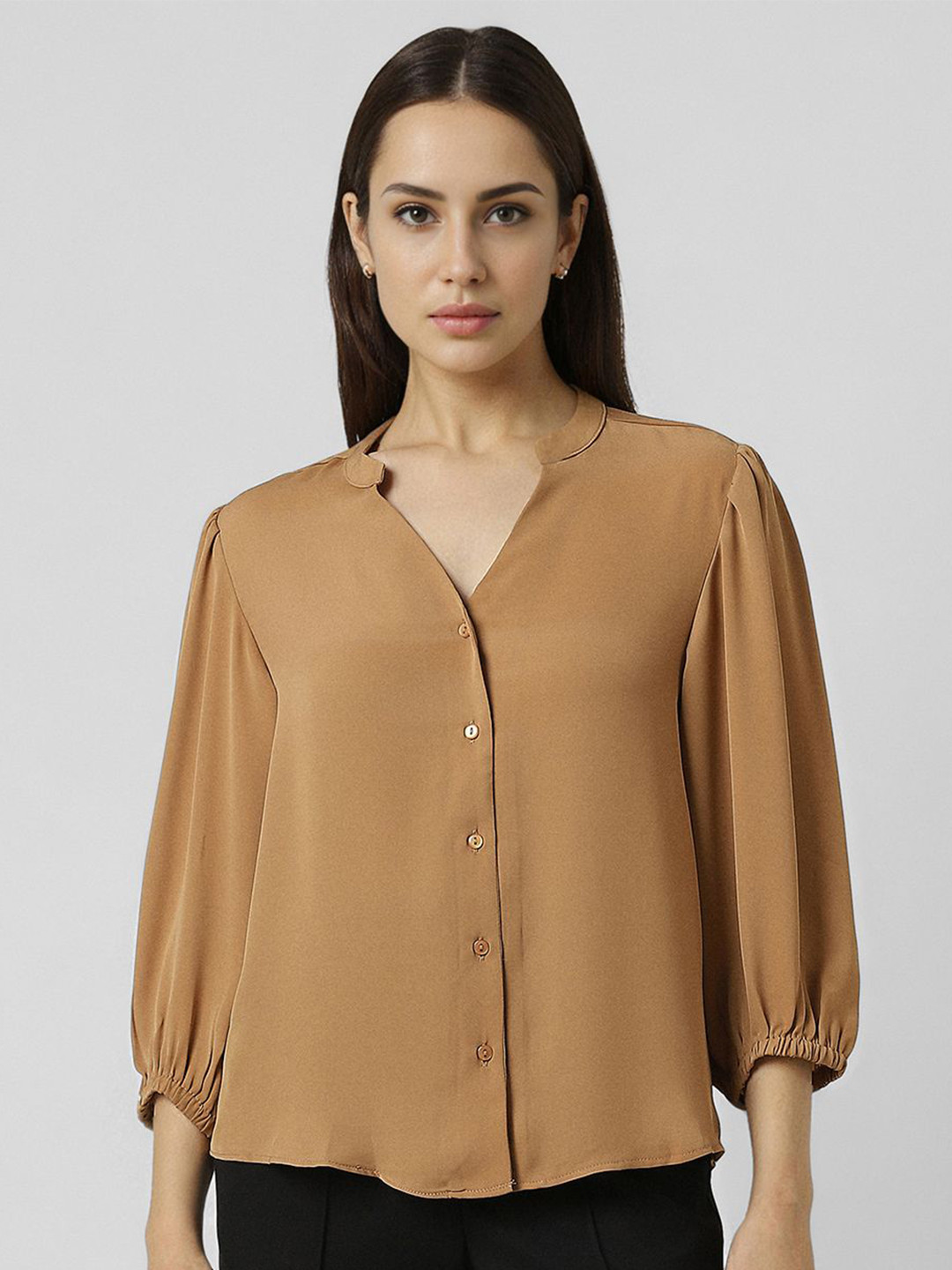 Van Heusen Woman Mandarin Collar Puff Sleeve Formal Shirt Style Top