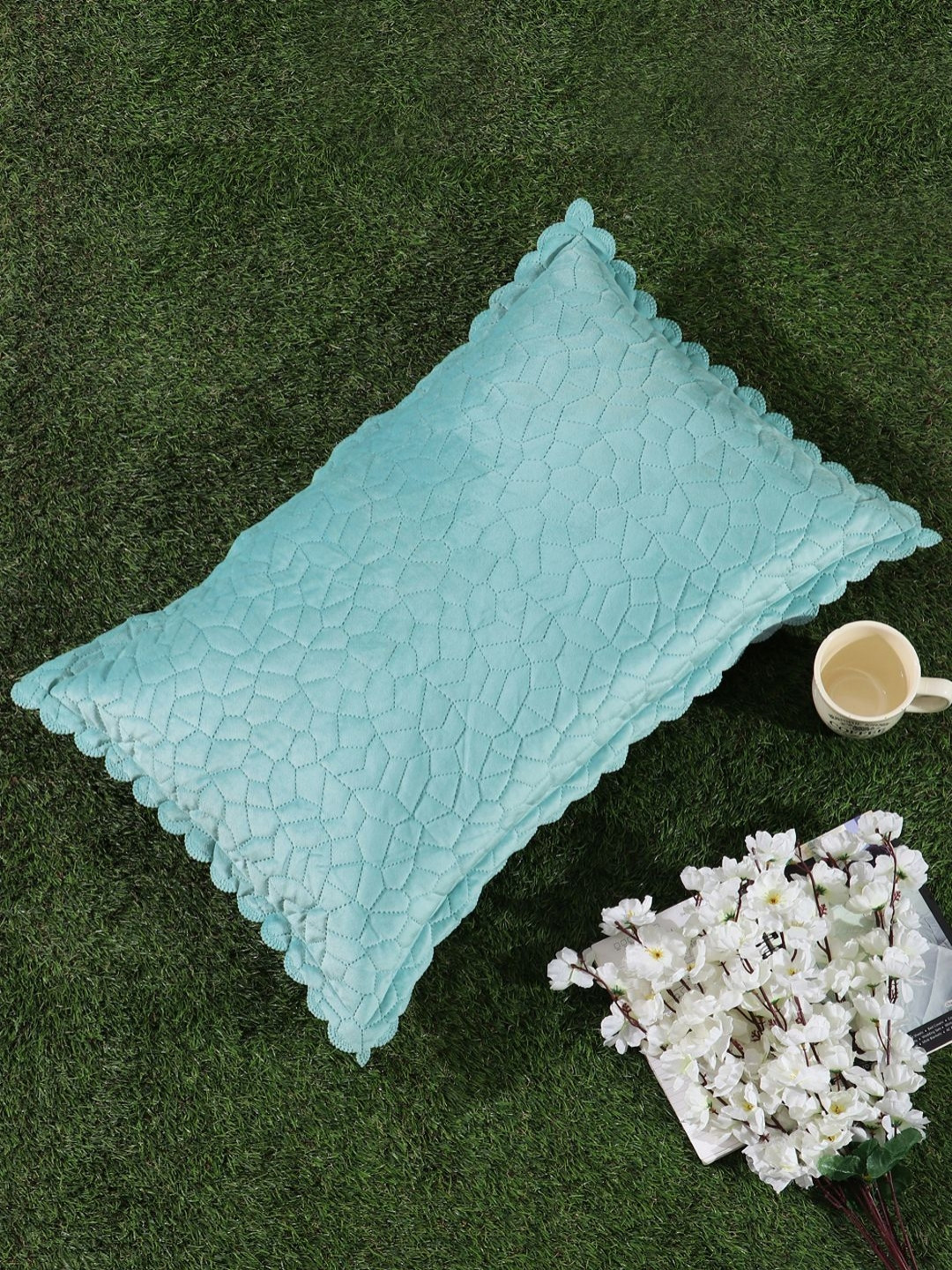 HOSTA HOMES Turquoise Blue & White Self Design Velvet Rectangle Pillow Cover
