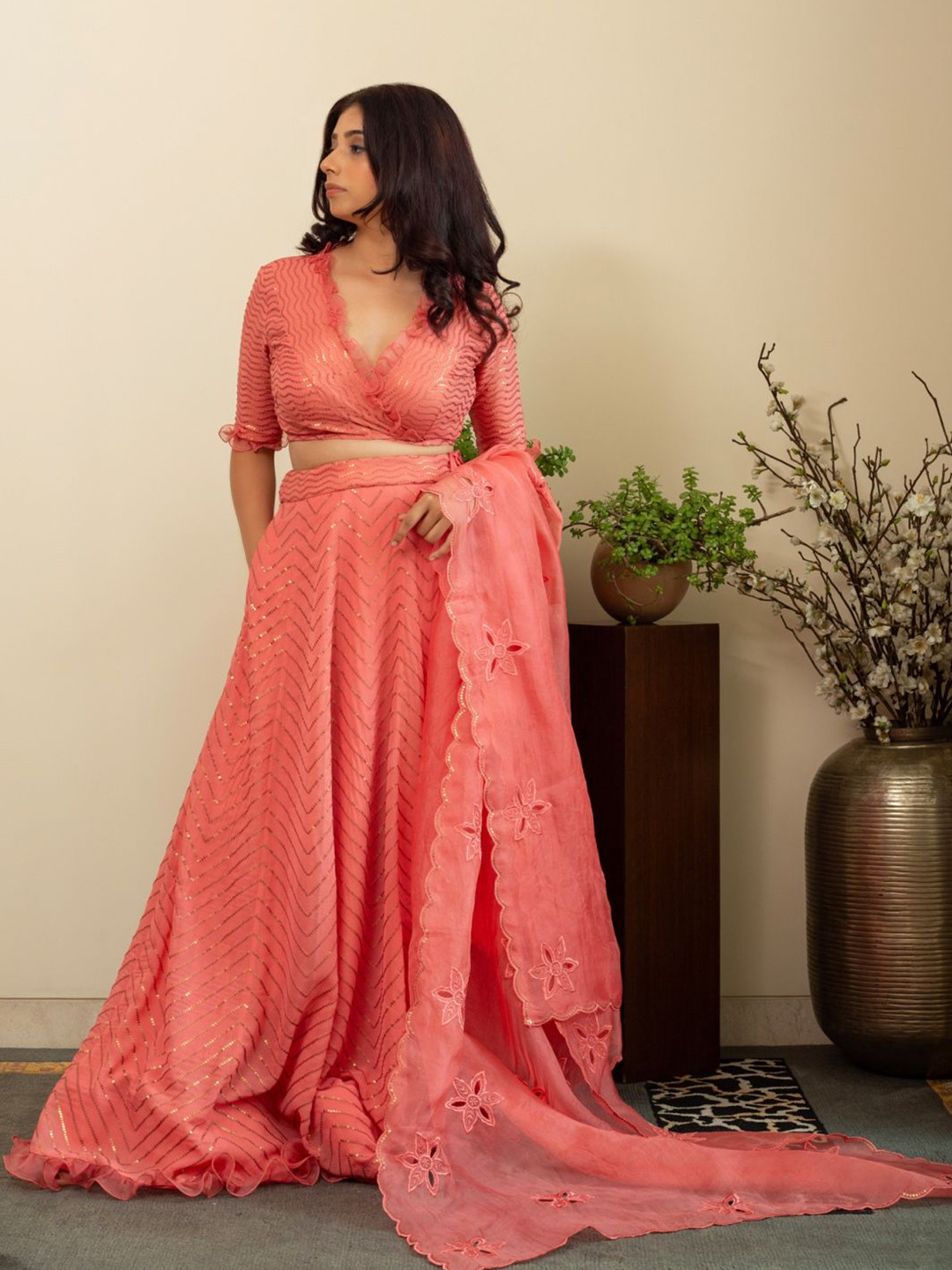 HOUSE OF INARI Embroidered Sequinned Ready to Wear Lehenga & Blouse With Dupatta