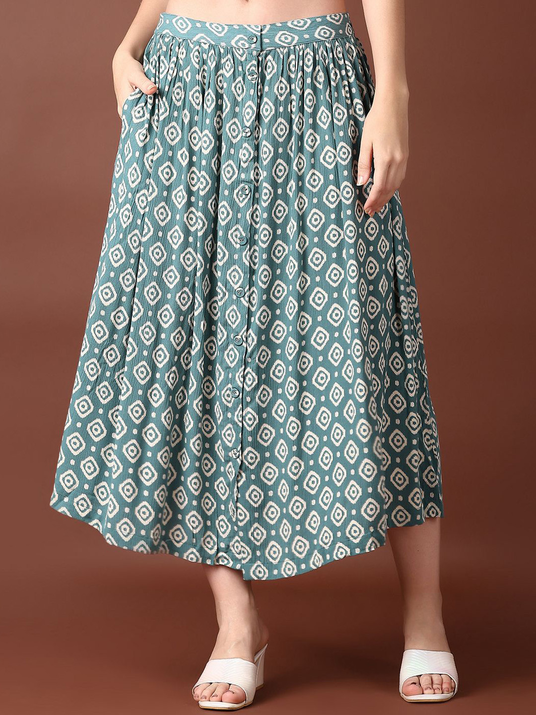 Green Geometric Printed Flared Midi Skirt