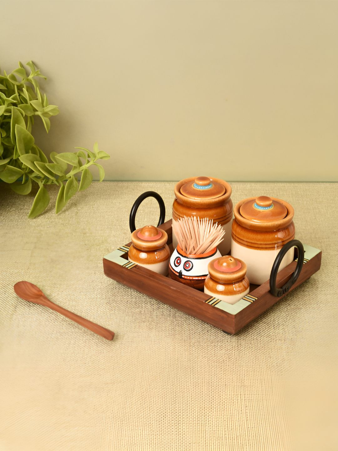 Aakriti Art Creations Terra Taste Ensemble W Brown Wood Dishwasher Safe 5 Piece Clip-On Canister