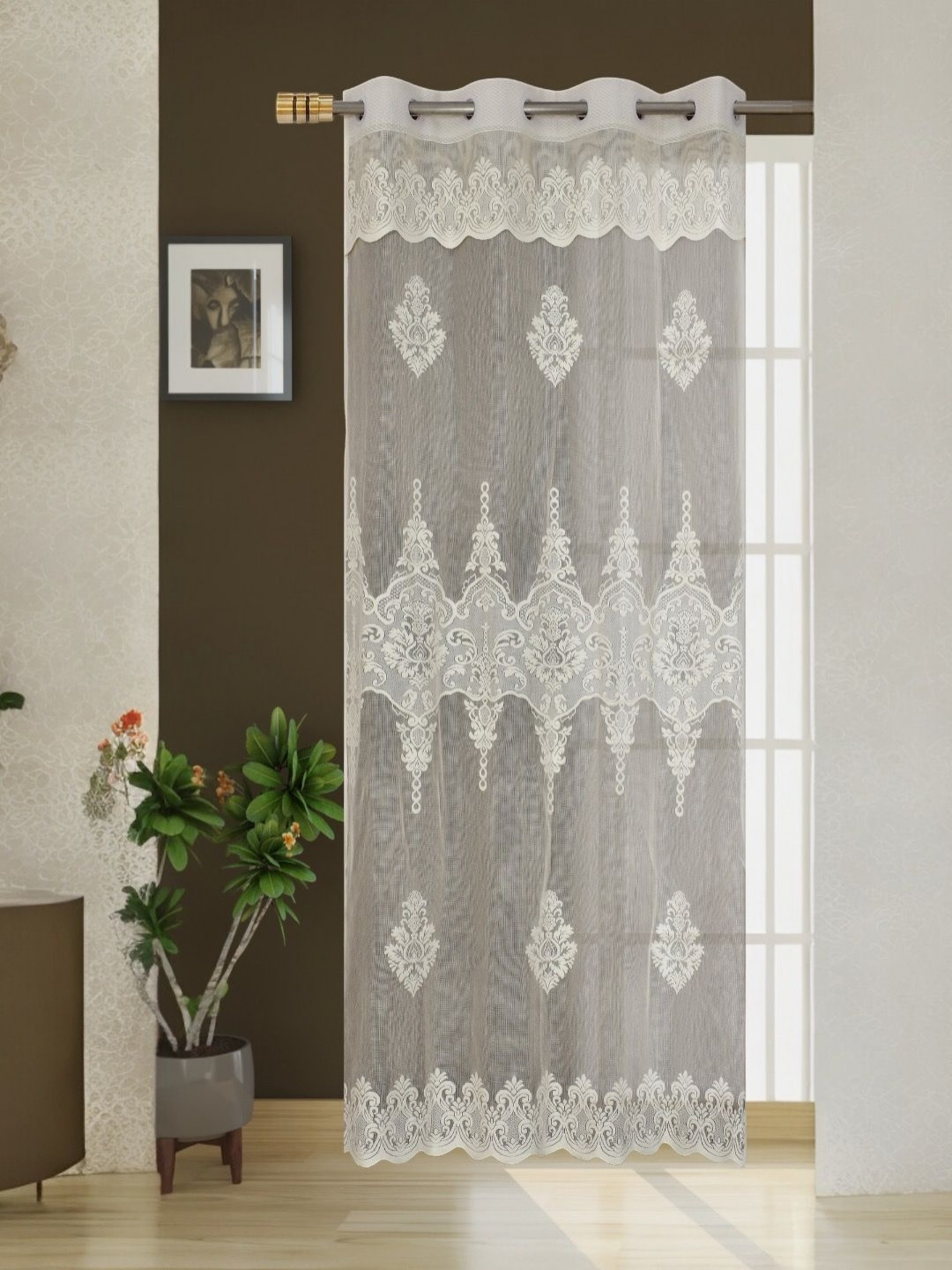 BIGGER FISH Cream-Coloured Floral Sheer Door Curtain