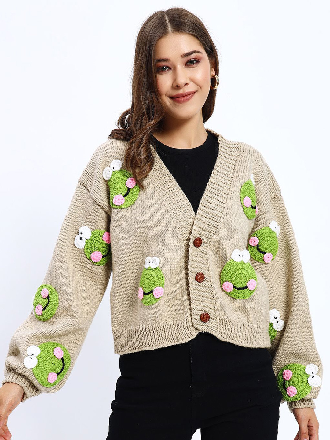 Sugercandy Women Embroidered Frog Woollen Crop Cardigan