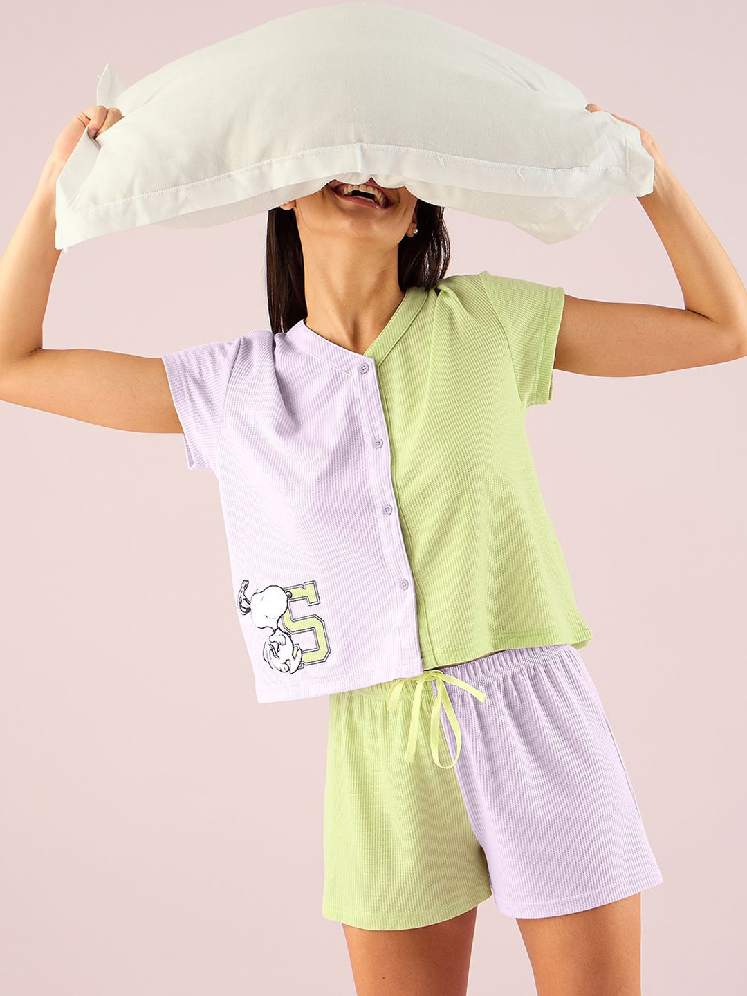 Sweet Dreams Women Snoopy Characters Front Open Shorts Set