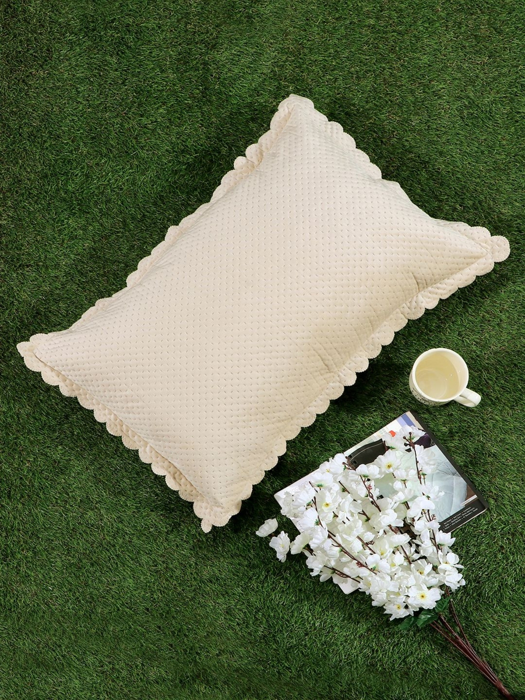 HOSTA HOMES Cream-Coloured Self Design Velvet Rectangle Pillow Cover