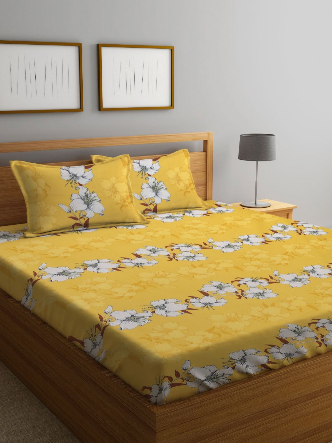Aura Yellow Floral Cotton 300 TC Fitted King Fine Bedsheet with 2 Pillow Covers-250 x 220 cm