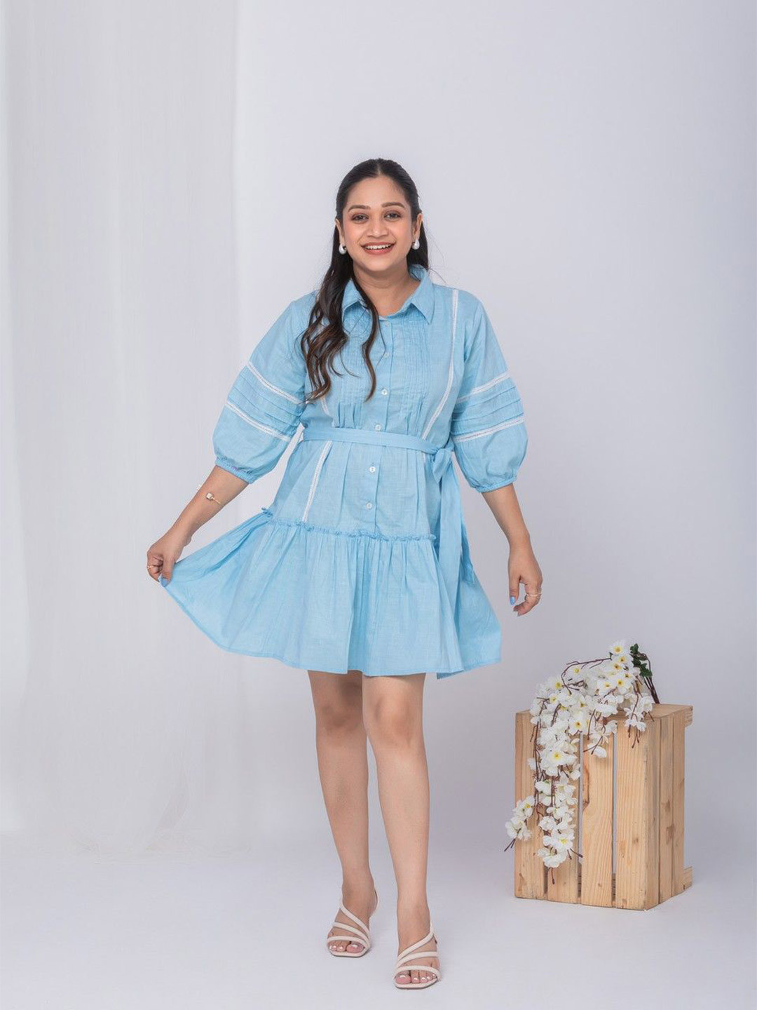 MASU LIVING Women Linen Shirt Collar Puff Sleeve Fit & Flare Dress