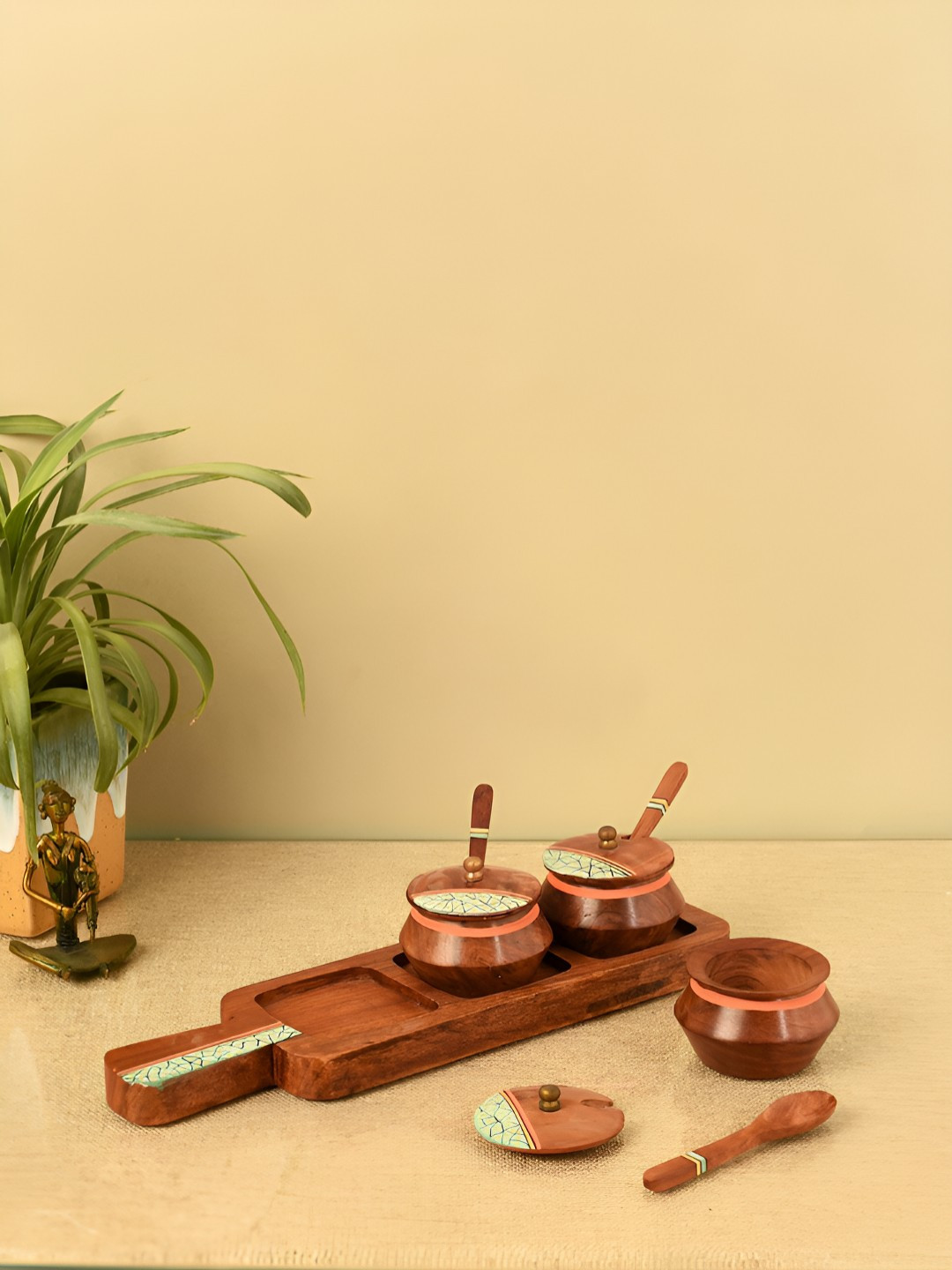 Aakriti Art Creations Rustic Charm Brown Wood Dishwasher Safe 3 Piece Clip-On Canister