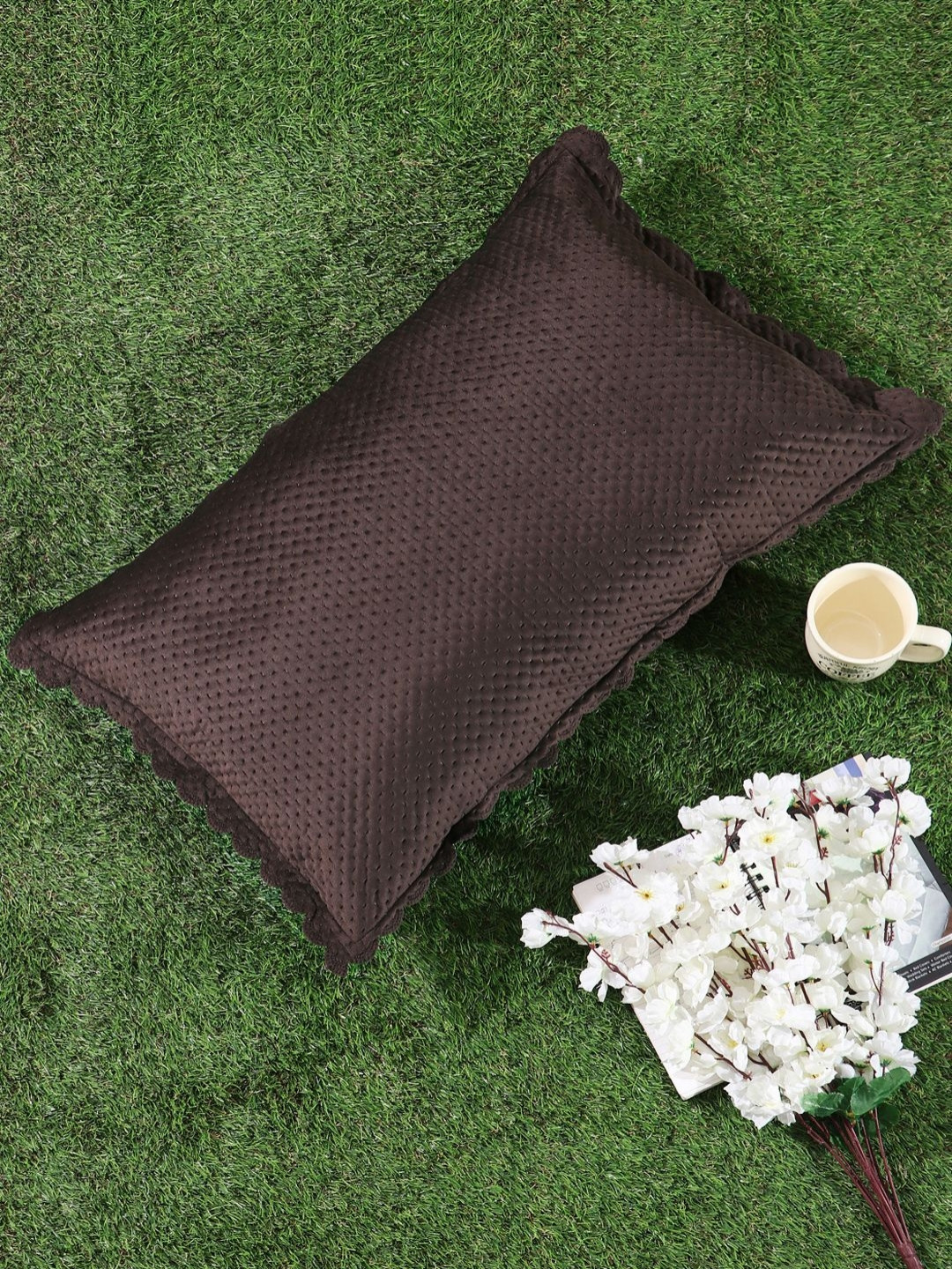 HOSTA HOMES Brown & White Self Design Velvet Rectangle Pillow Cover