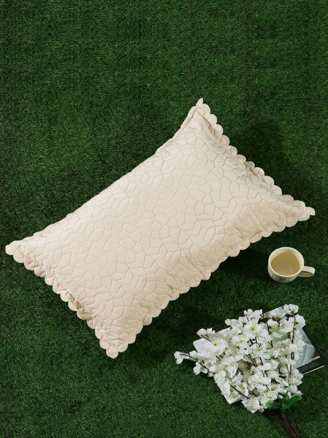 HOSTA HOMES Cream-Coloured Self Design Velvet Rectangle Pillow Cover