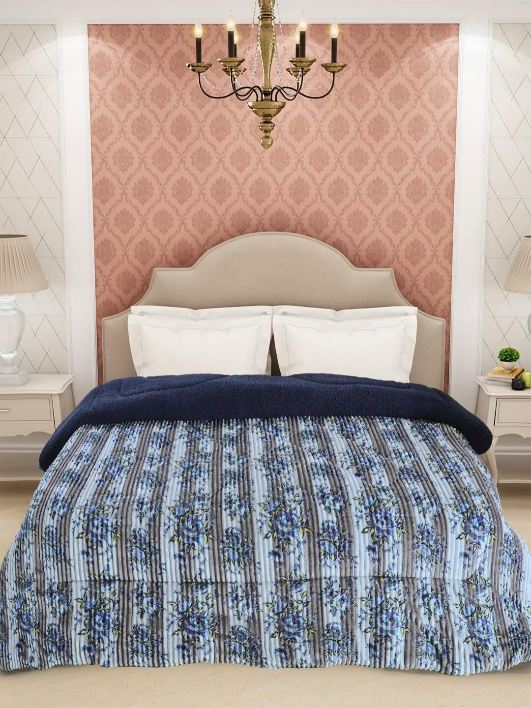 FABINALIV Grey & Blue Floral Heavy Winter Micro Fiber Filling 950 GSM Double Bed Quilt