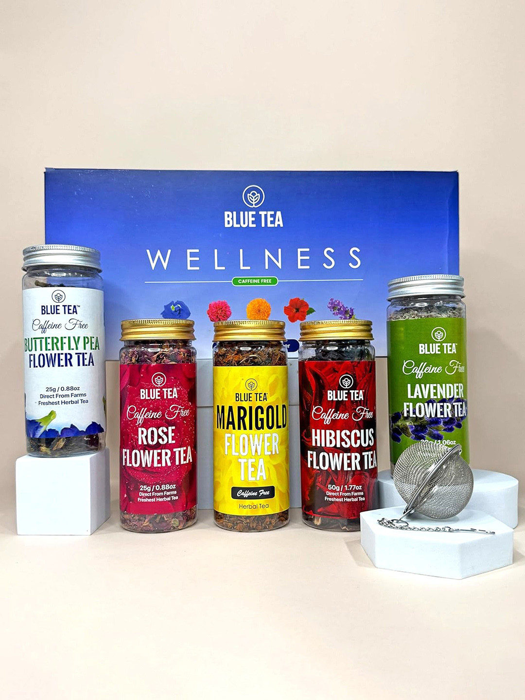 BLUE TEA Set Of 5 Wellness Loose Tea Box & Infuser- 156 gm