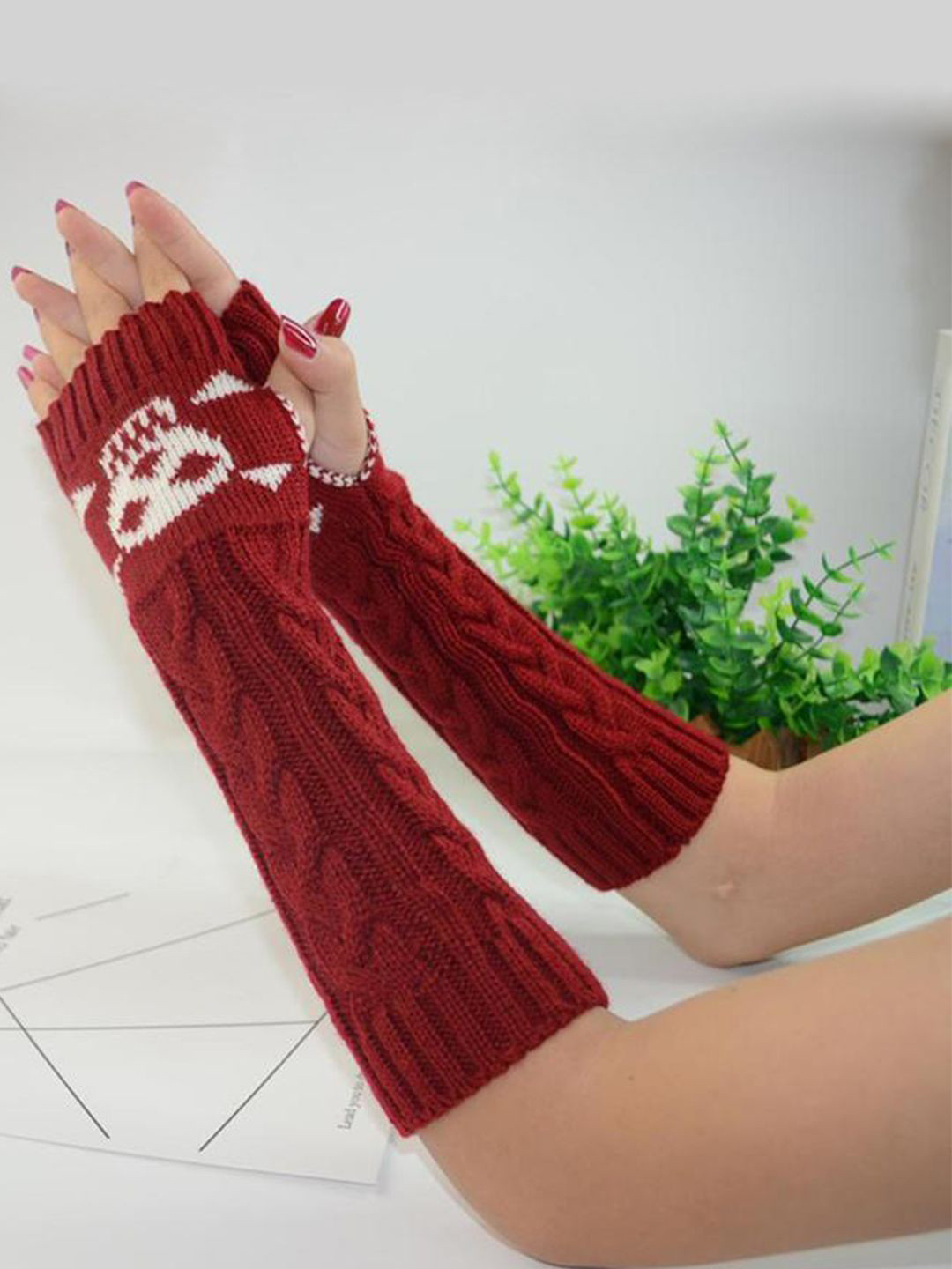 Bold N Elegant Women Fingerless Knitted Long Skull Patterned Winter Gloves