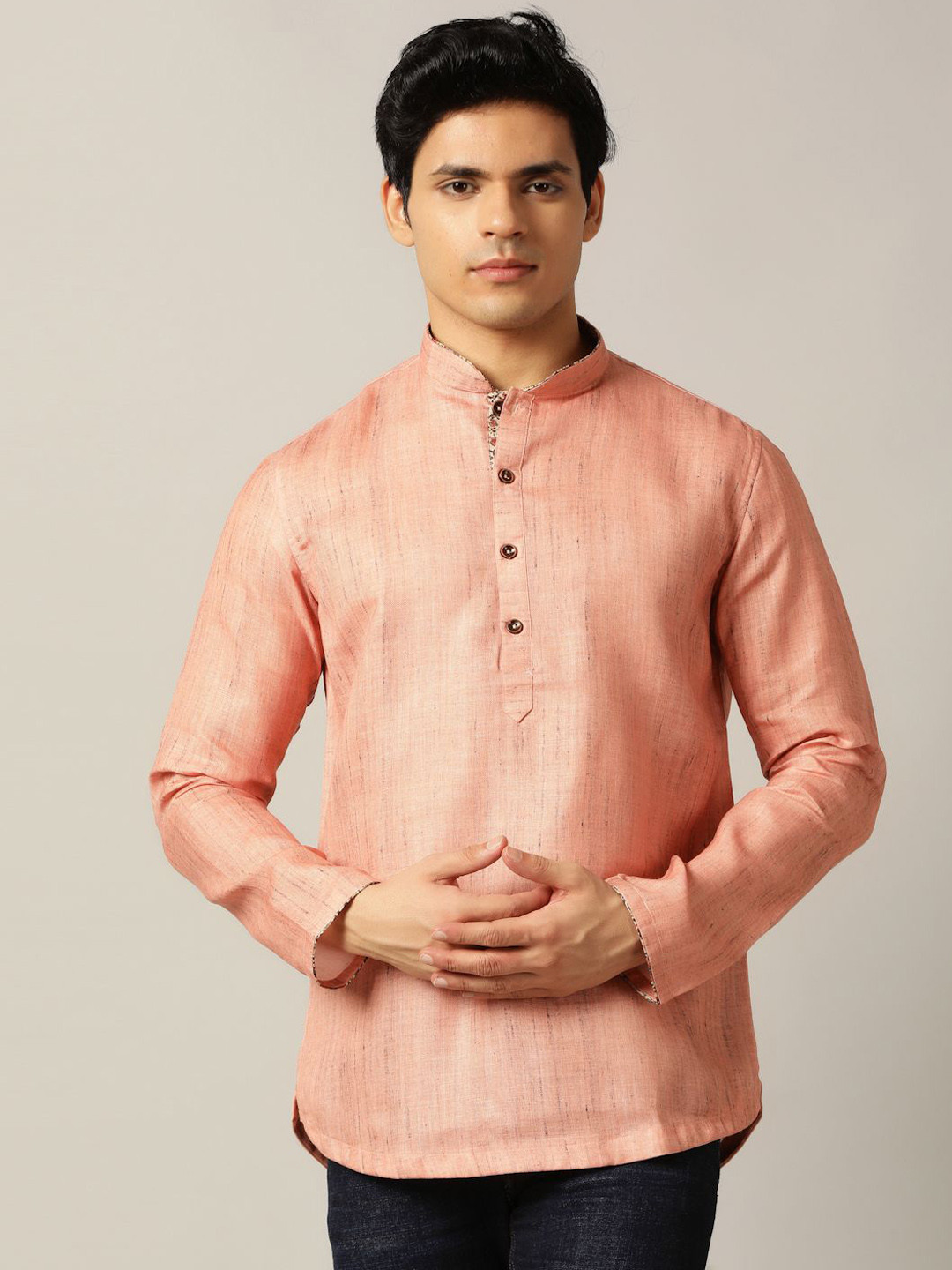 THE KURTA COMPANY Textured Woven Design Mandarin Collar Linen Blend Straight Kurta