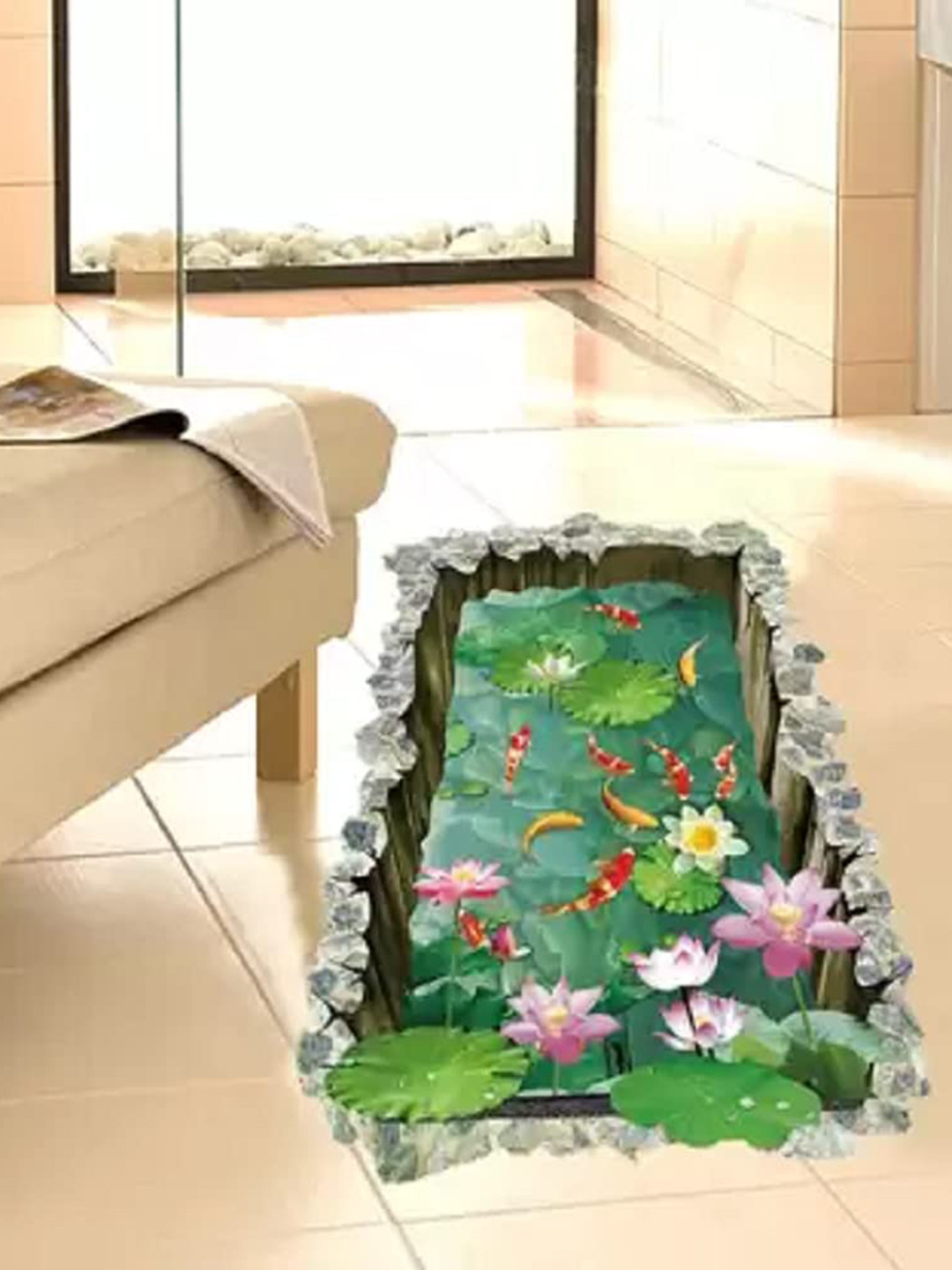 Asian royal Pink & Green Fish Pond Printed Waterproof Wall Sticker