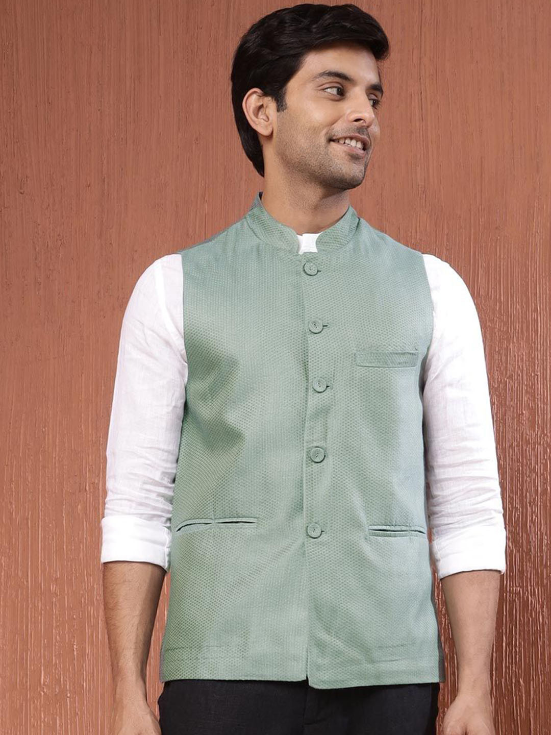 Fabindia Men Woven Dobby Nehru Jacket