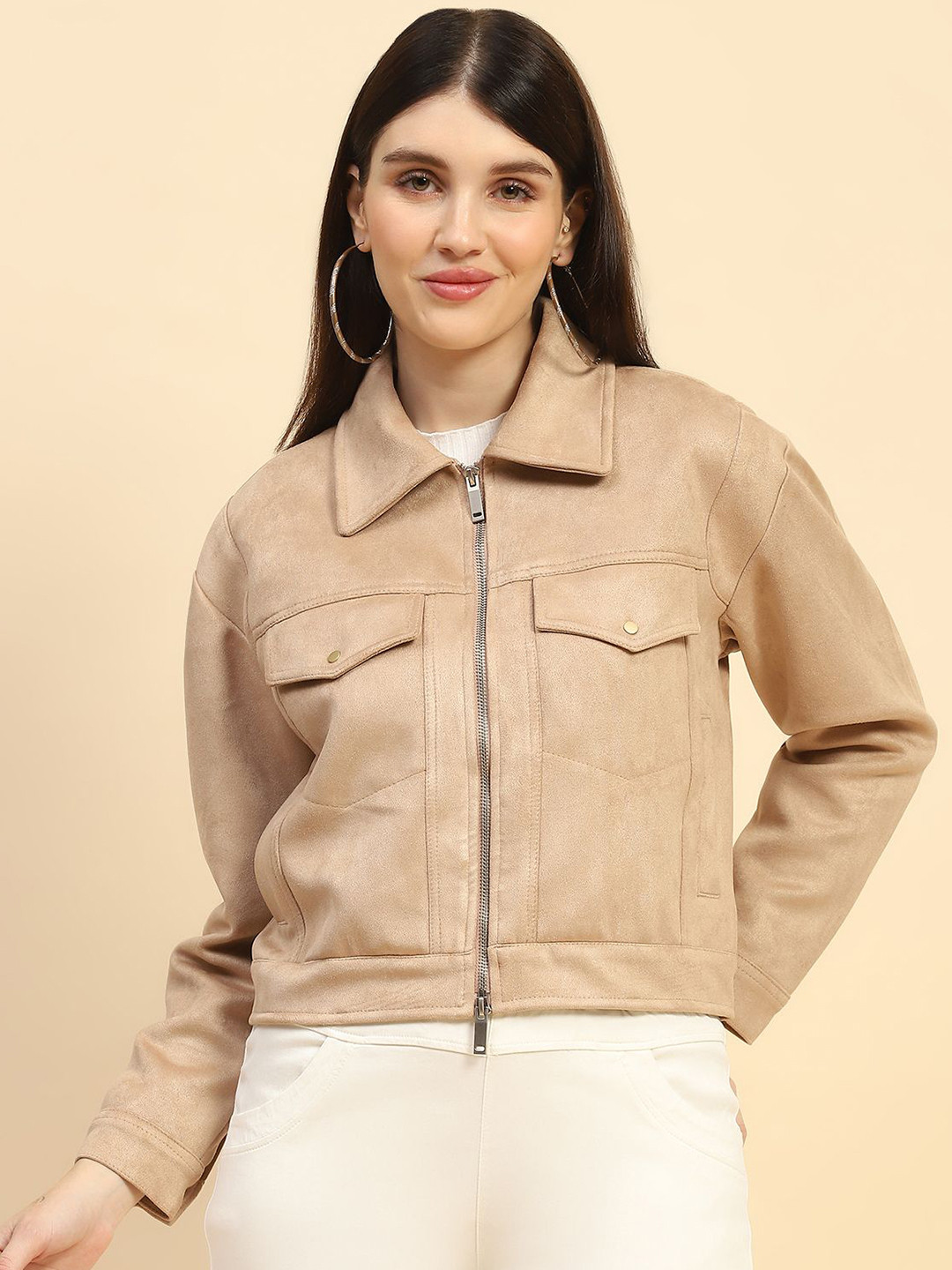 Global Republic Women Suede Lightweight Outdoor Tailored Jacket with Embroidered