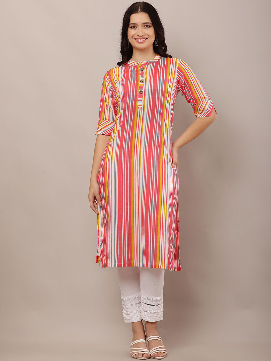 HELLO DESIGN Striped Mandarin Collar Cotton Straight Kurta