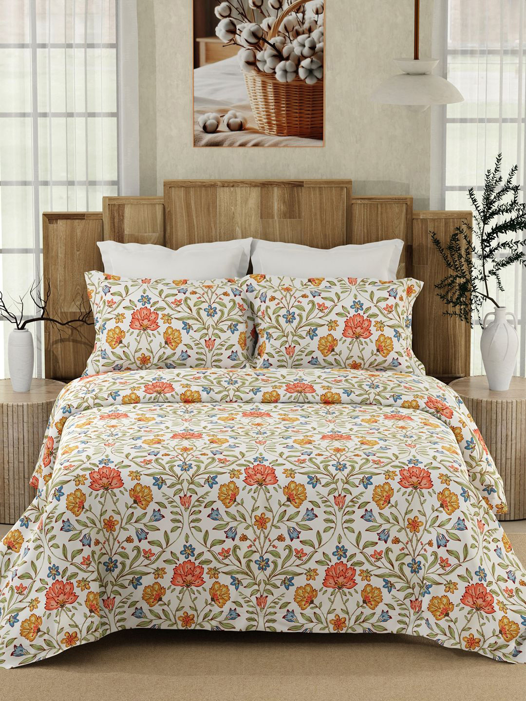 Color Sense White & Orange Floral 200 TC King Bedsheet with 2 Pillow Covers