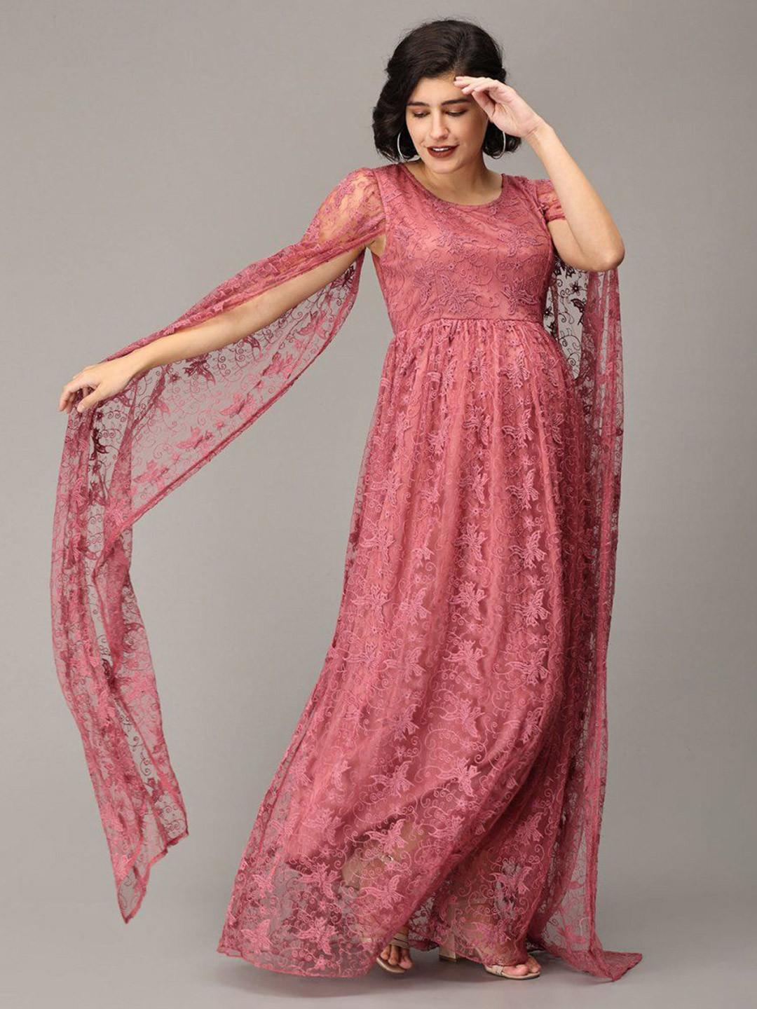 The Mom Store Floral Print Flared Sleeve Lace Maternity Maxi Dress