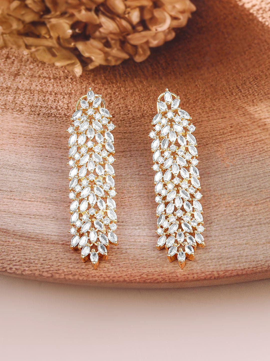 Rubans 22K Gold-Plated White Cubic Zirconia Studded Leaf Design Drop Earrings