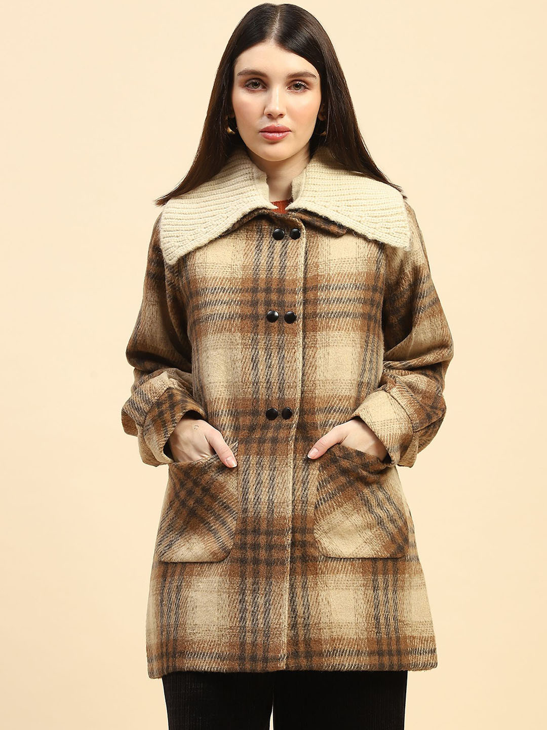 Global Republic Checked Above Knee Length Overcoat