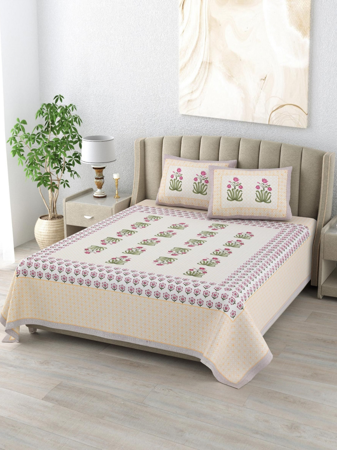 DE CAMA Beige Floral Pure Cotton 300 TC King Fine Bedsheet with 2 Pillow Covers-90 x 108 inches