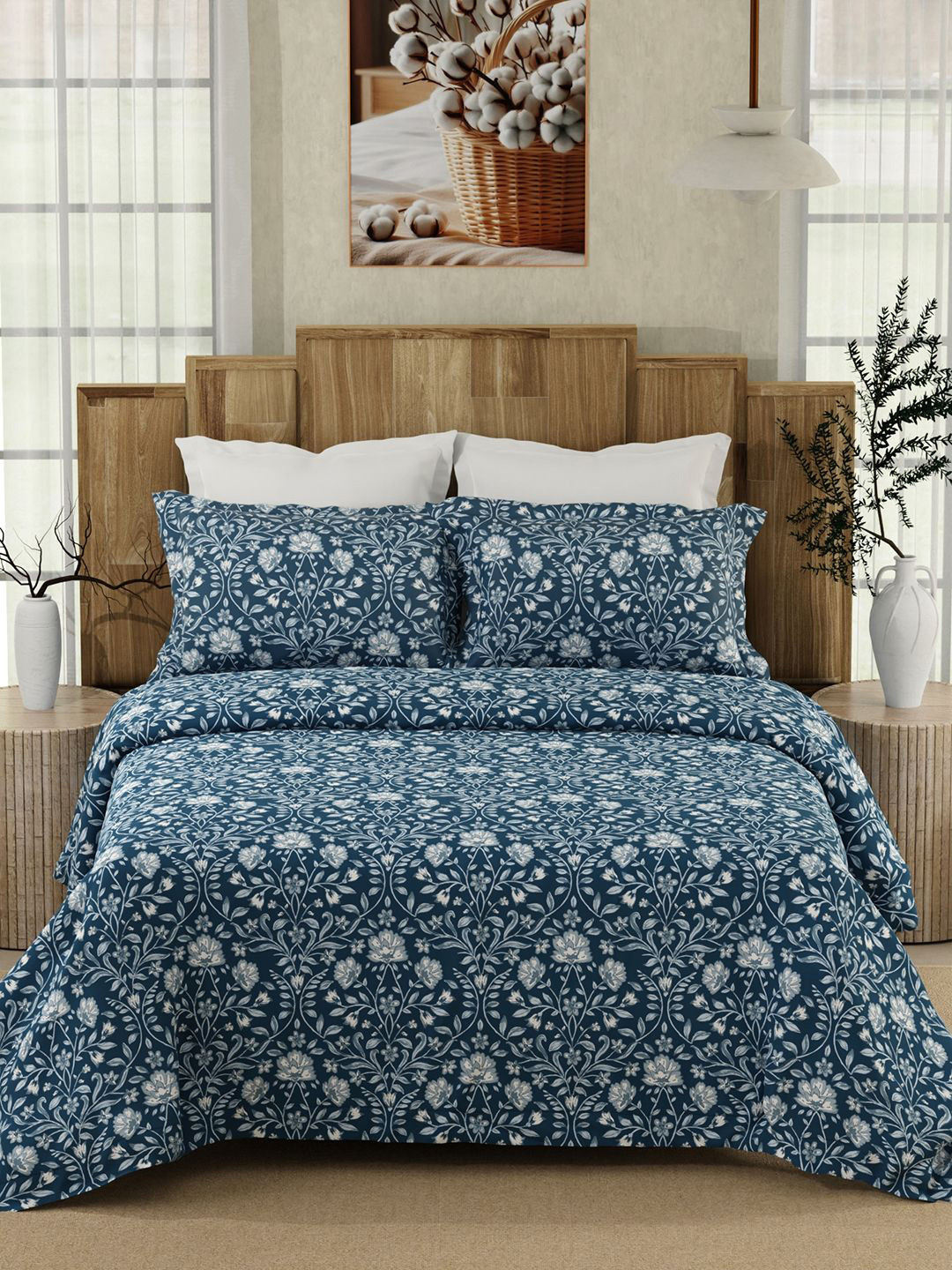 Color Sense Navy Blue & White Floral 200 TC Queen Bedsheet with 2 Pillow Covers