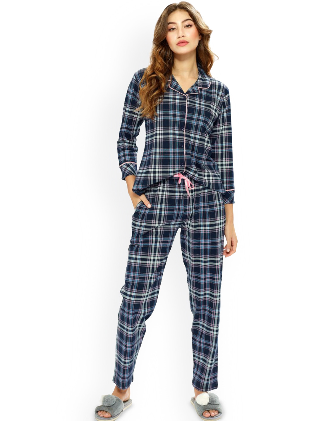 Lotik Women Checked Lapel Collar Night suit
