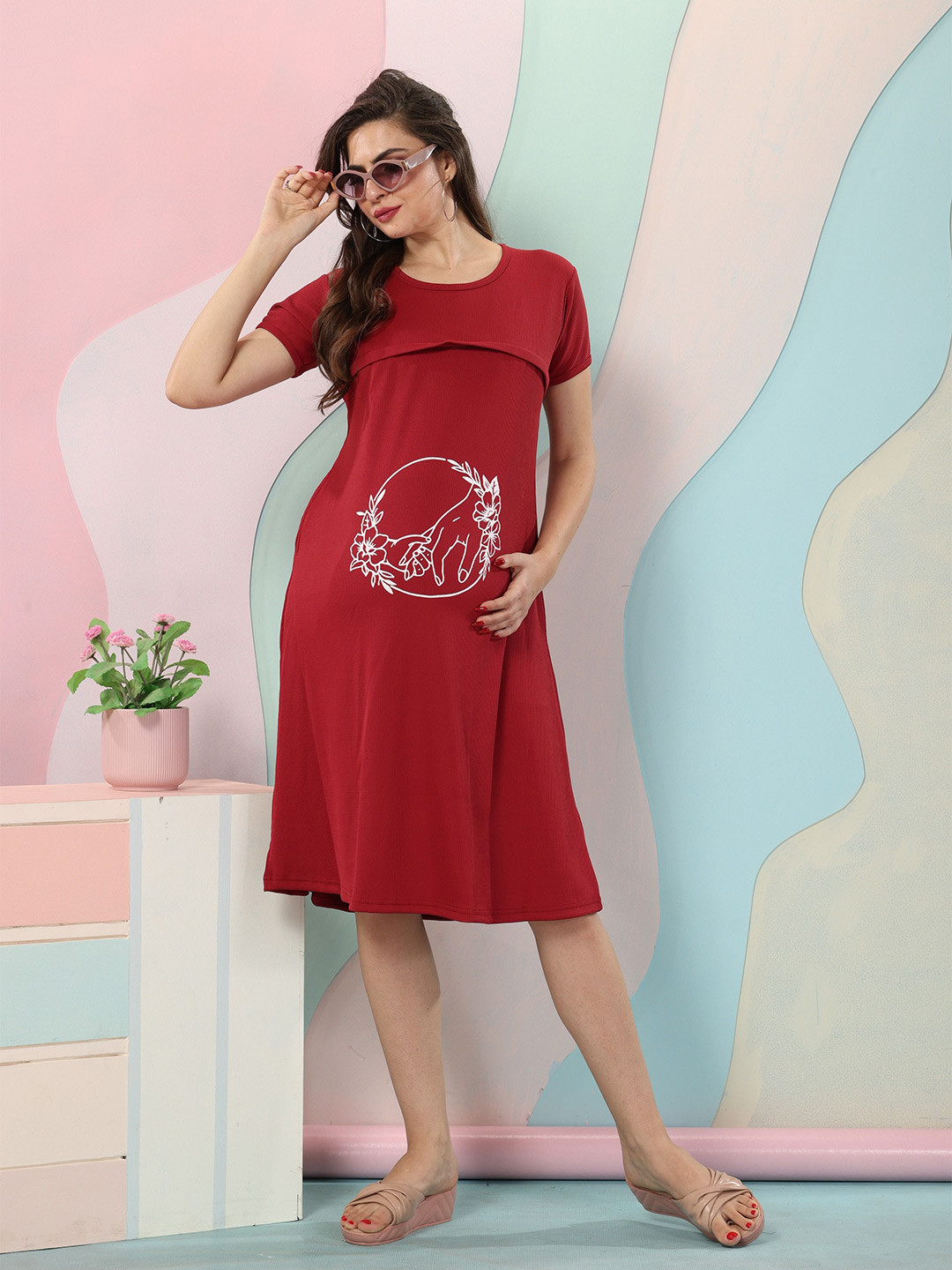 EASY MOM Women Graphic Printed Maternity A-Line Dress