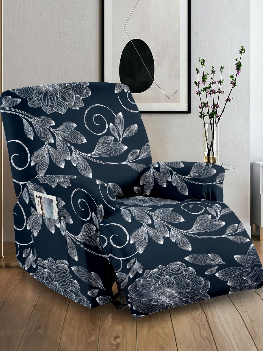 Cortina Blue Printed 1 Recliner Stretchable Fitted Non Slip Sofa Cover