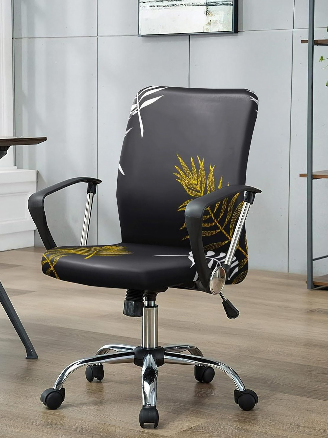 HOUSE OF QUIRK Black & Yellow Printed Stretchable Desk Chair Cover