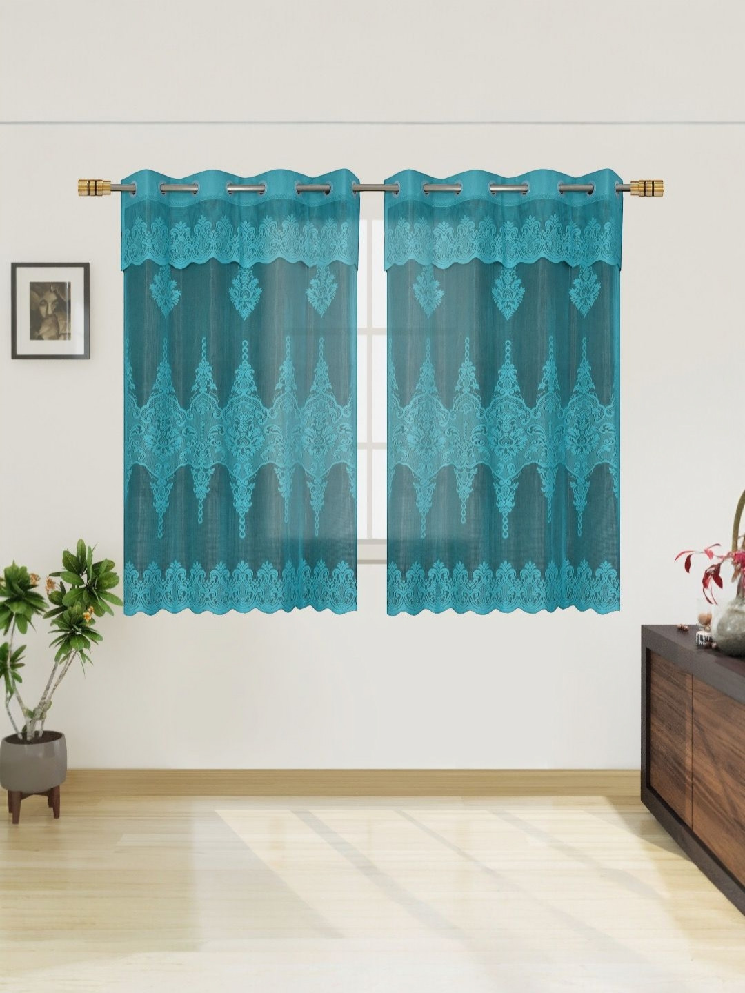 BIGGER FISH Blue Set of 2 Floral Sheer Window Curtain