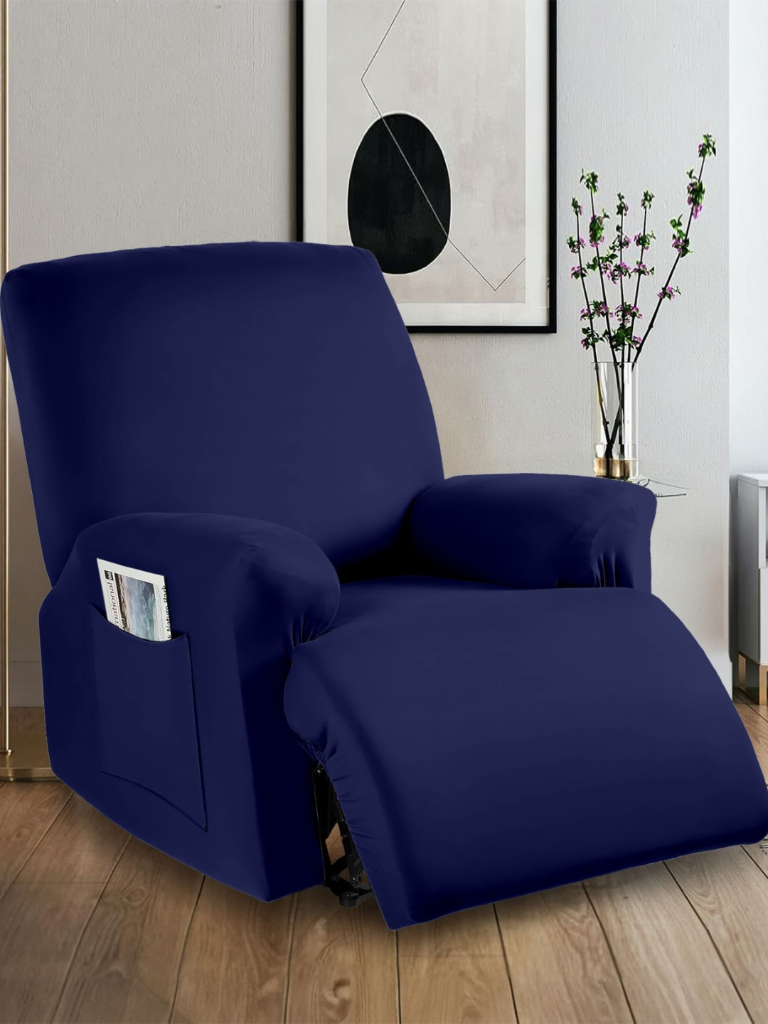 Cortina Stretch Solid 1 Recliner Couch Covers Fitted Non Slip Reclining Slipcovers- Blue