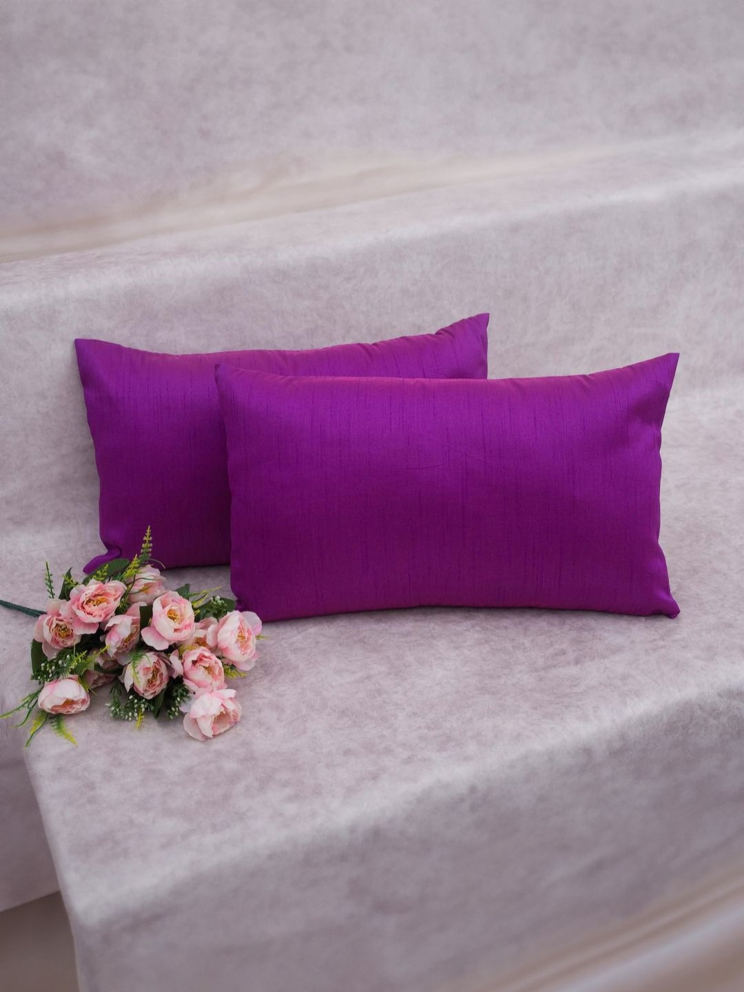 RoyalDeco Solid Purple Silk Color Fastness 2 Piece Rectangle Cushion Covers -12x20In