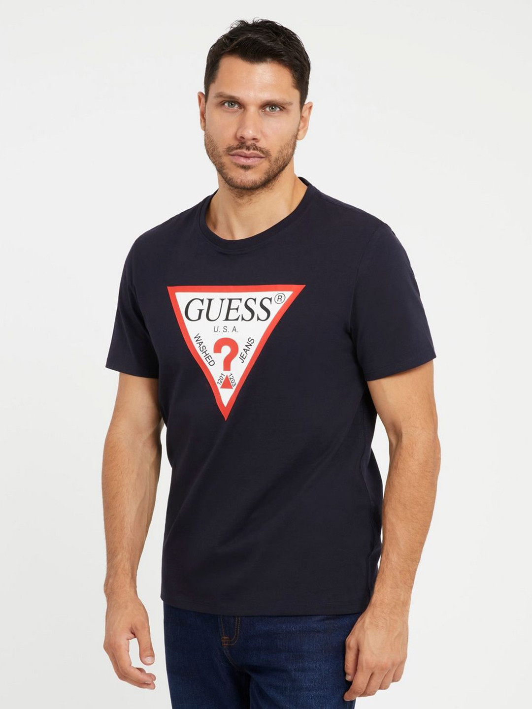 GUESS Men Brand Logo Printed Pure Cotton Raw Edge Slim Fit T-shirt