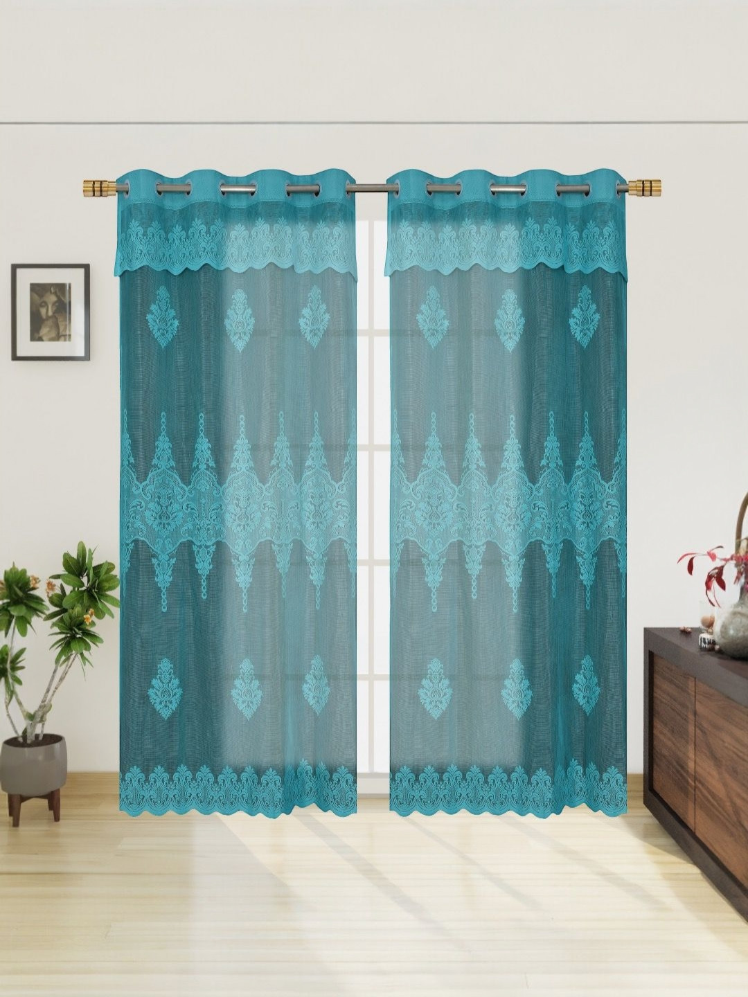 BIGGER FISH Blue Set of 2 Floral Sheer Long Door Curtain